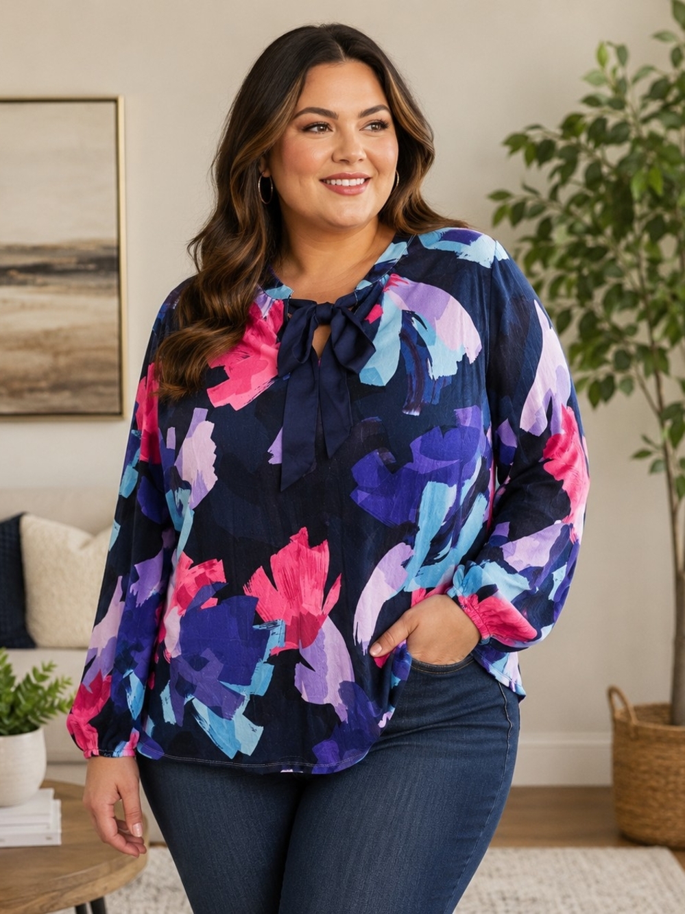 C Wonder Christian Siriano Velvet Feel Floral Tie Neck Blouse 2X NWT Navy